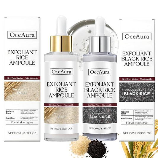 Glow Rice Ampoule Peel Shot Exfoliant Duo Set - Black and White, Gentle Face and Body Exfoliator for Clear Skin (3.38 Fl Oz Each)