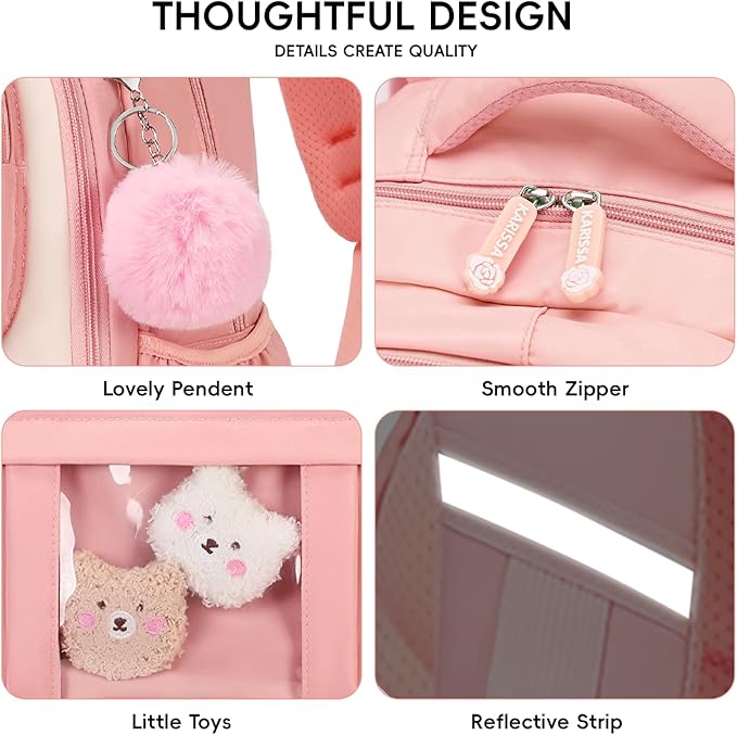 Girls Backpack with Lunch Box 3Pcs, Kawaii School Bag Set for Kid Elementary Middle School, Multi-Pocket Cute Laptop Bookbag Lightweight, Pink