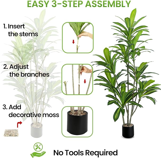 Artificial Dracaena Tree 6FT Tall, Realistic Faux Indoor Floor Plant for Home & Office Decor, Black Round Planter with Decorative Stones – UPBUD
