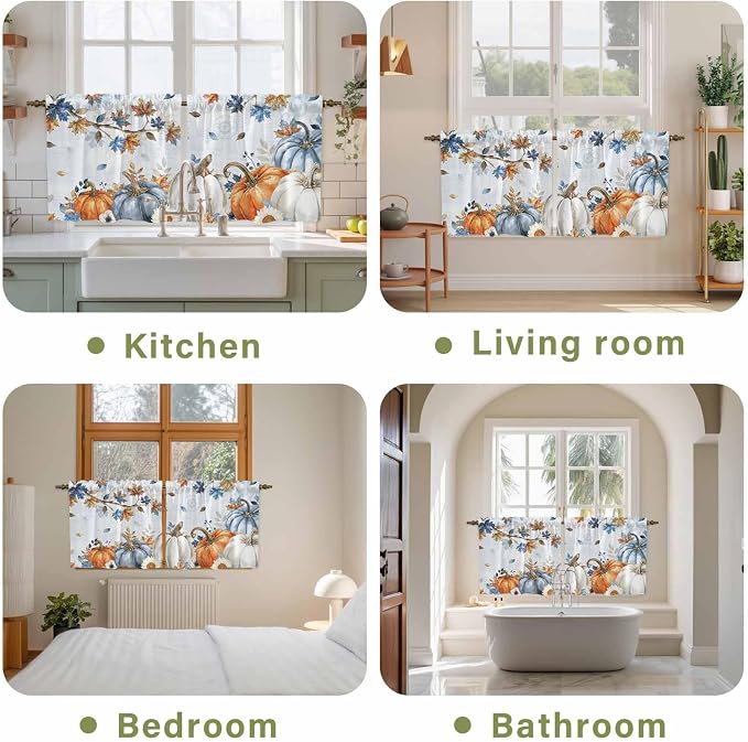 Fall Blue Maple Kitchen Tier Curtains 24 Inch Long 2 Panel Set, Rod Pocket Cafe