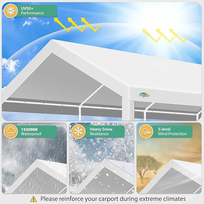 COBIZI Carport 10x20ft Heavy Duty Portable Garage, 2.0 Powder Coated Frame(Better Than Galvanized), Waterproof Shelter with Built-in Sandbags, for Car/Boat/SUV, White