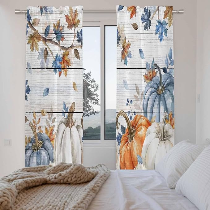 Thanksgiving Pumpkin Window Curtains 72 Inch Long 2 Panel Set, Rod Pocket Long