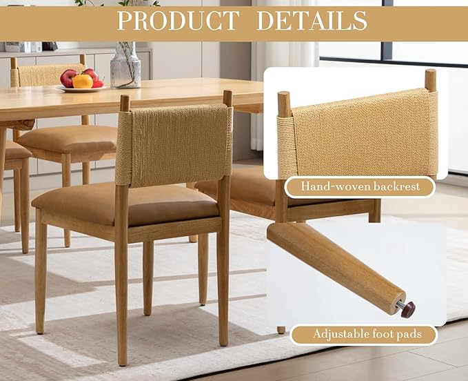 CIMOTA Faux Leather Modern Dining Chairs Set of 4, Mid Century Upholstered Dining Room Chairs with Woven Back, Armless Kitchen Chairs with Natural Solid Wood Legs, PU Brown
