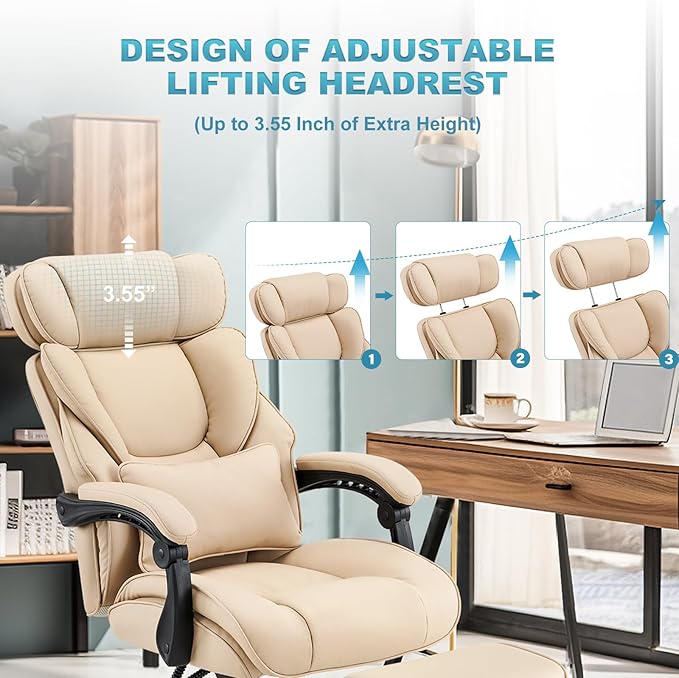 COLAMY Office Chair with Retractable Footrest, Ergonomic High Back Design Executive Computer Desk Chair with Removable Lumbar Pillow, 90-135°Reclining,Thick Bonded Leather for Home Office,2pcs-Khaki