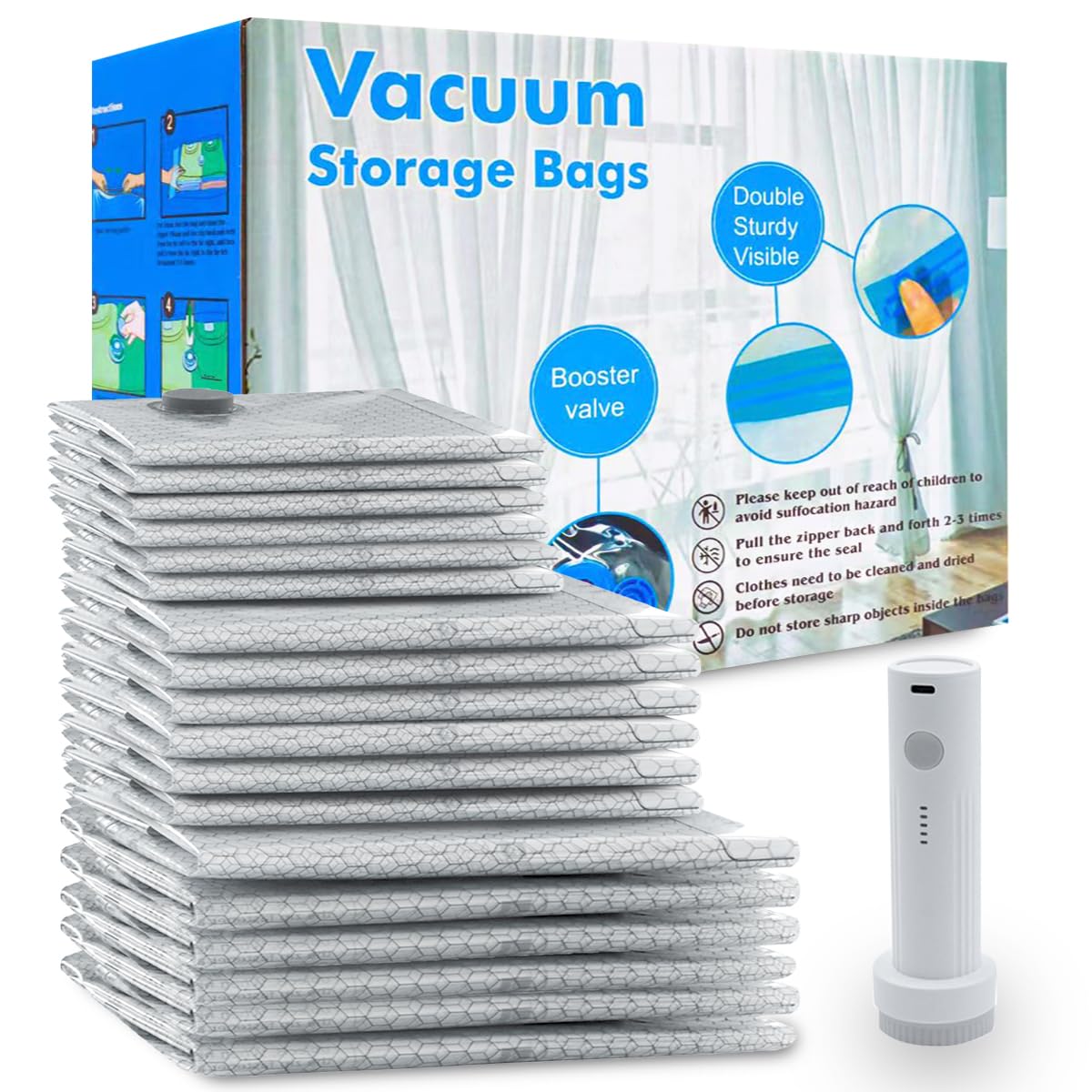 Vacuum Seal Bags 12-Pack with Wireless Pump, 4 Large/4 Medium/4 Sizes, Reusable Storage for Clothes Travel, Luggage & Suitcases, Portable Space Saver