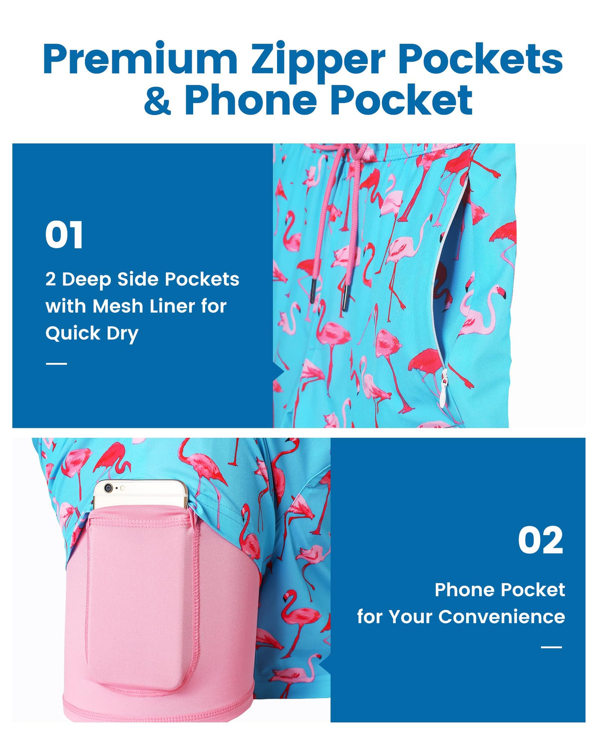 maamgic Mens Swim Trunks with Compression Liner 5 Inch, Quick Dry Bathing Suit with Zipper Pockets, Stretch No-Chafing Swim Shorts, SkyBlue-Flamingo Large