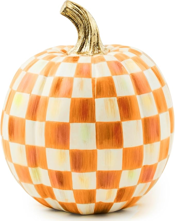 MACKENZIE-CHILDS Small Pumpkin, Resin Halloween Home Decor, Orange-and-White Orange Check