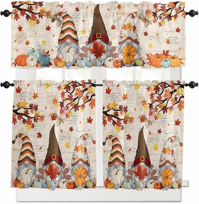 Fall Gnomes Kitchen Curtain Set, Thanksgiving Maple Leaf Rustic Pumpkin Window