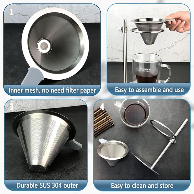 Bevansol Adjustable Stainless Steel Coffee Dripper Stand for Pour Over Brewing - Universal Height Control Holder for Cofee Maker with Double-layer Filter, easy for cleaning