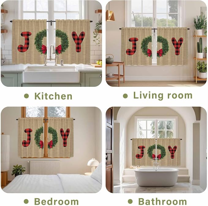 Red Green Christmas Kitchen Curtains 45 Inch Long 2 Panel Set, Rod Pocket