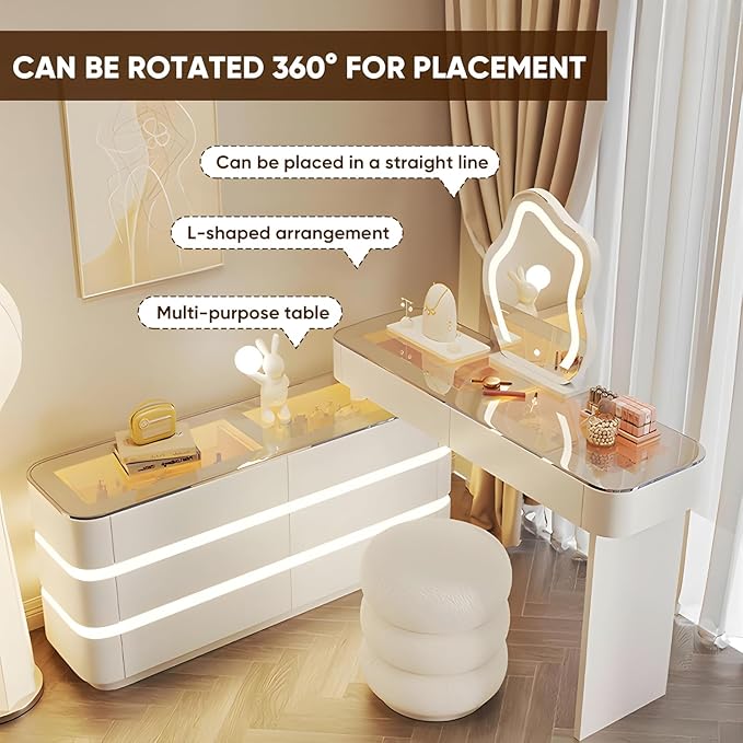 Vanity Set - Solid Wood Vanities Desk with LED Smart Mirror and Drawers, Modern Vanity Table with Glass Countertop and Makeup Stool, Vanities for Bedroom, Gifts for Her (Khaki)