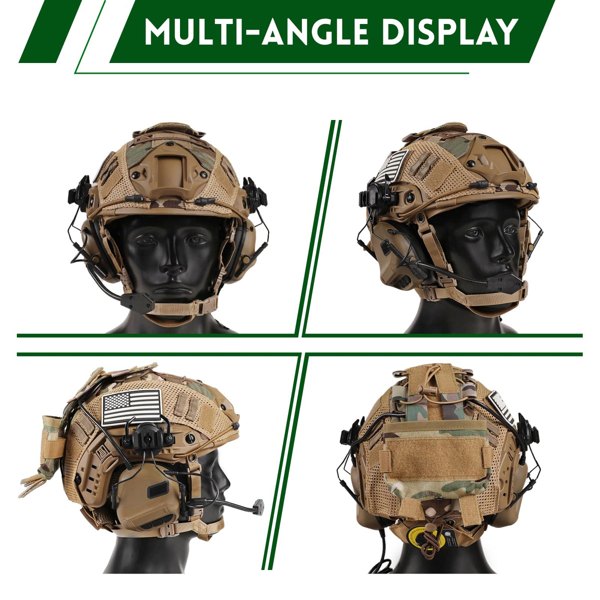 ClrfZebr Tactical Helmet with Headset,4in1 Upgraded Adjustable with Helmet Cover for Airsoft Cosplay Military Tactical Gear (TAN)