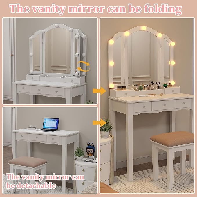 White Vanity Desk with Mirror and Lights Makeup Vanity Set Teen Vanity Mirror with Lights Desk and Chair Makeup Vanity Table Makeup Vanity with Drawers Tocadores