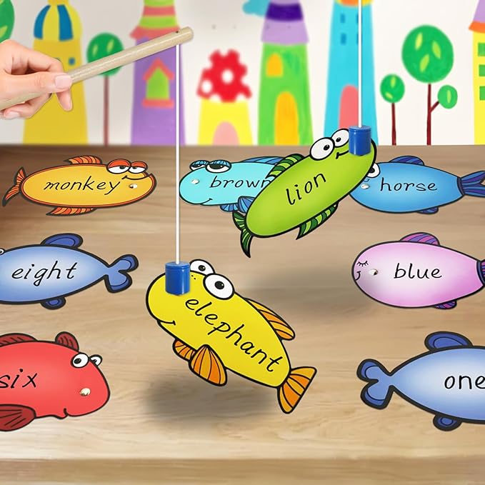 Magnetic Fishing Game, 24 Dry Erase Fish and 2 Wooden Toy Fishing Pole Sight Word Games Educational Toys for Kids, Kindergarten & Family