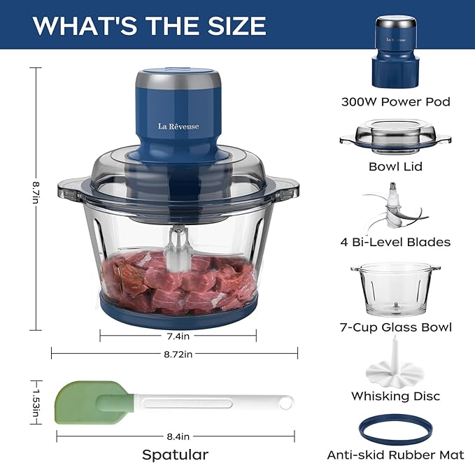La Reveuse Electric Food Processor, 7-Cup Food Chopper Glass Bowl, Blue