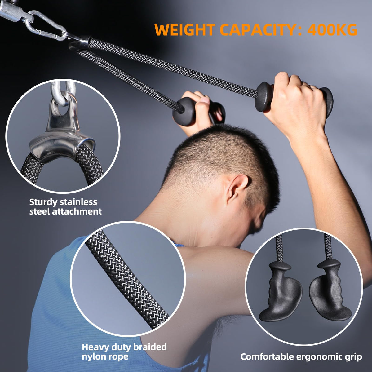 SYL Fitness 36" Ergonomic Tricep Rope Cable Attachment, Exercise Machine Attachments Gym Pulley System Pull Down Rope with Carabiner