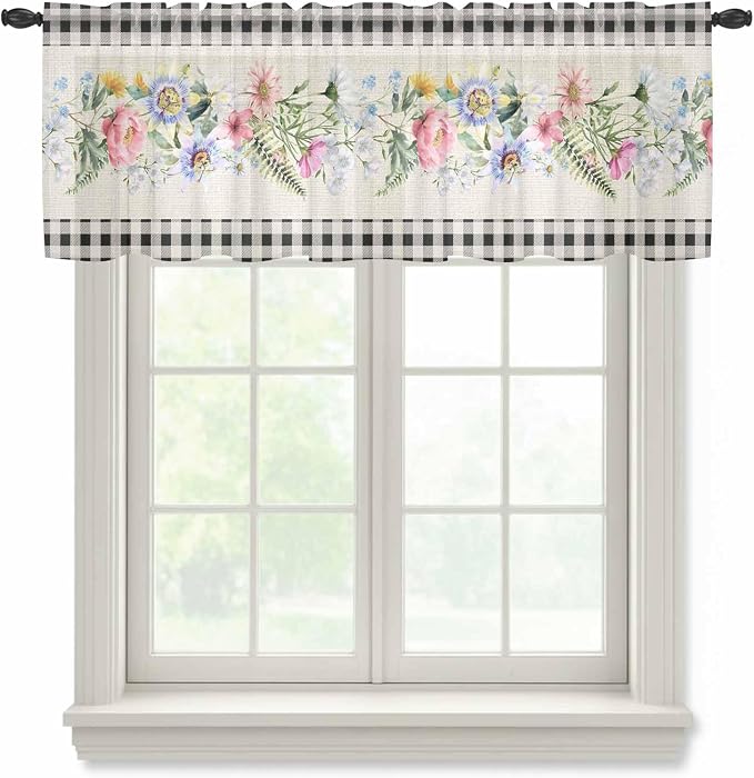 Blue Pink Floral Sheer Valance Curtains, Spring Summer Botanical Linen Black