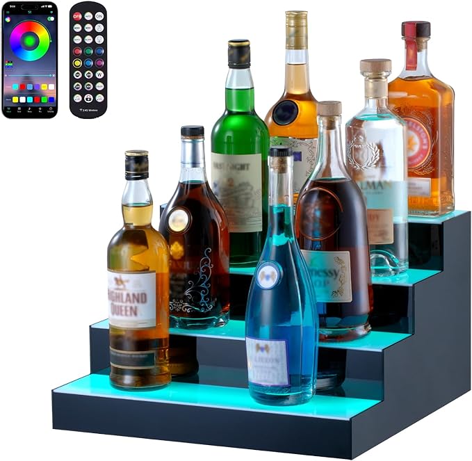 VEVOR LED Lighted Liquor Bottle Display, 4 Tiers 16 Inch Commercial Illuminated Home Bar Shelf, 4 Steps Whiskey Rack Stand, Acrylic Drink Shelves with RF Remote & App Control, and Multicolor Light