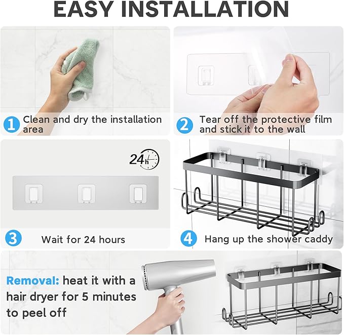 Lsnisni 4 Pack Shower Caddy Adhesive Replacement, Waterproof Adhesive Strips for Shower Shelf, Strong Adhesive Flat Hooks for Bathroom Storage Shelves and Kitchen Racks No Drilling, Clear