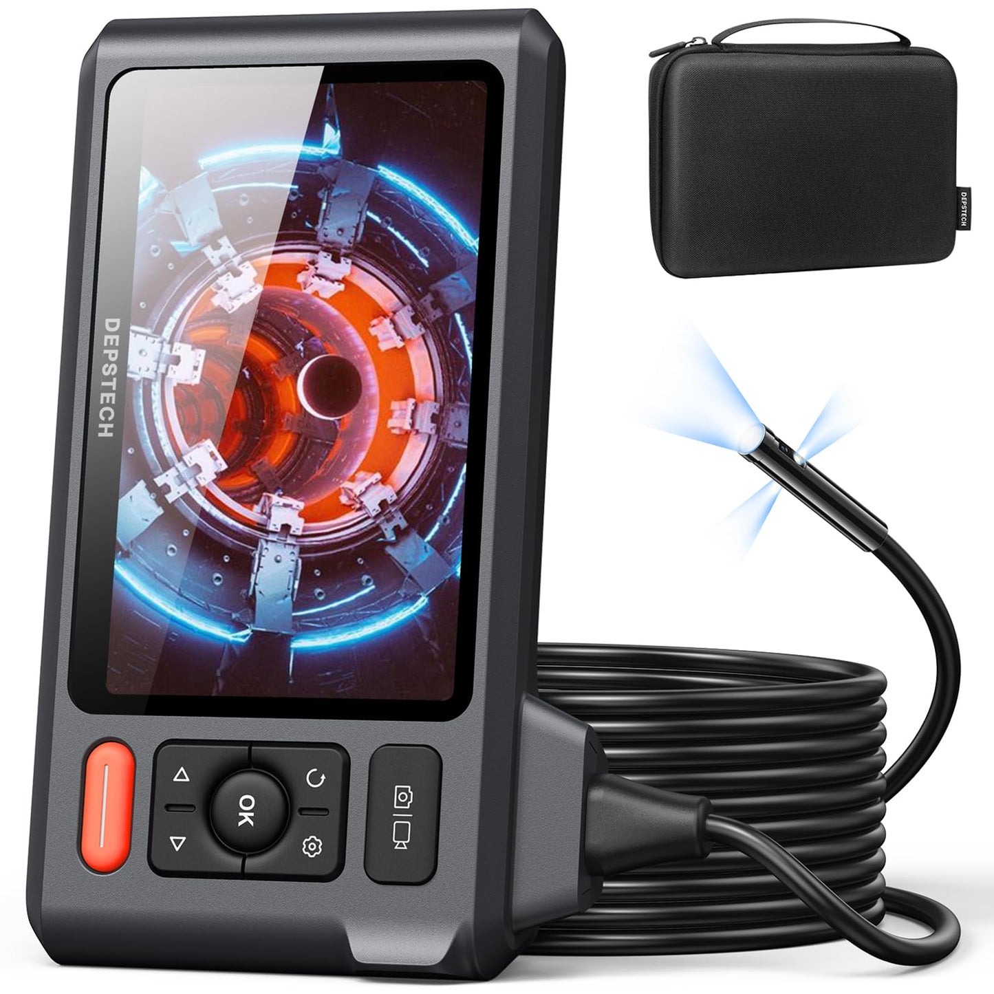 Triple Lens Sewer Inspection Camera with 50FT Semi-Rigid Cable, DEPSTECH 5"IPS Screen Endoscope Camera with Lights, 1080P Industrial Borescope, Split Screen, Waterproof Drain Pipe Tool, Carrying Case