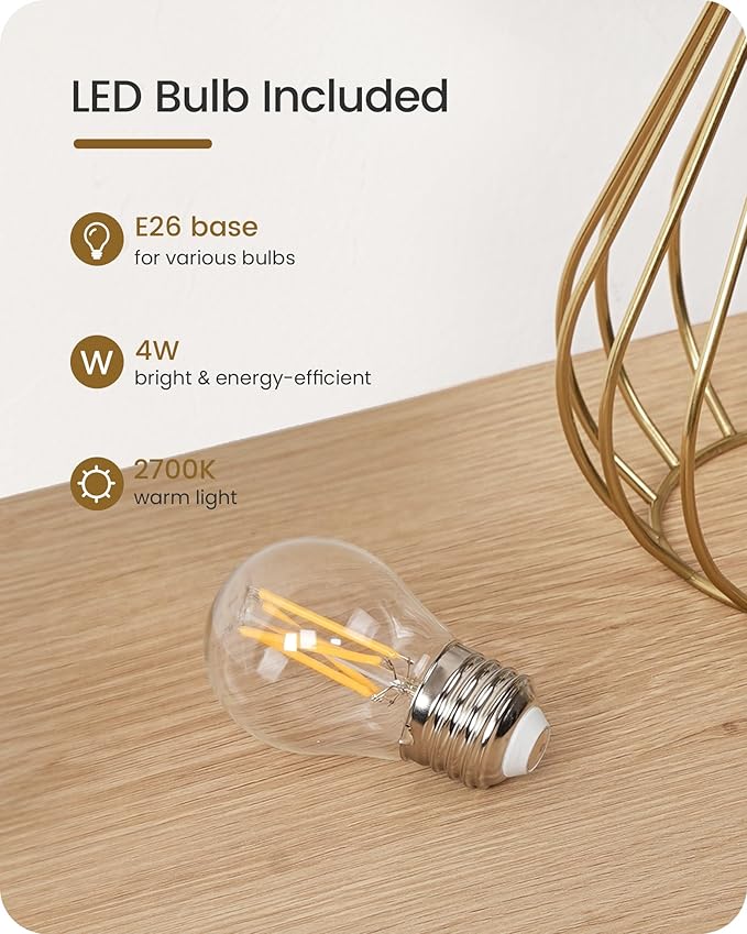 Gold Bedside Table Lamp, 12.6'' Small Table Lamp with Beige Linen Lampshade & Gold Teardrop Cage, Modern Little Cute Desk Lamp for Bedroom, Living Room, 2700K LED Bulb Included DE06TL05
