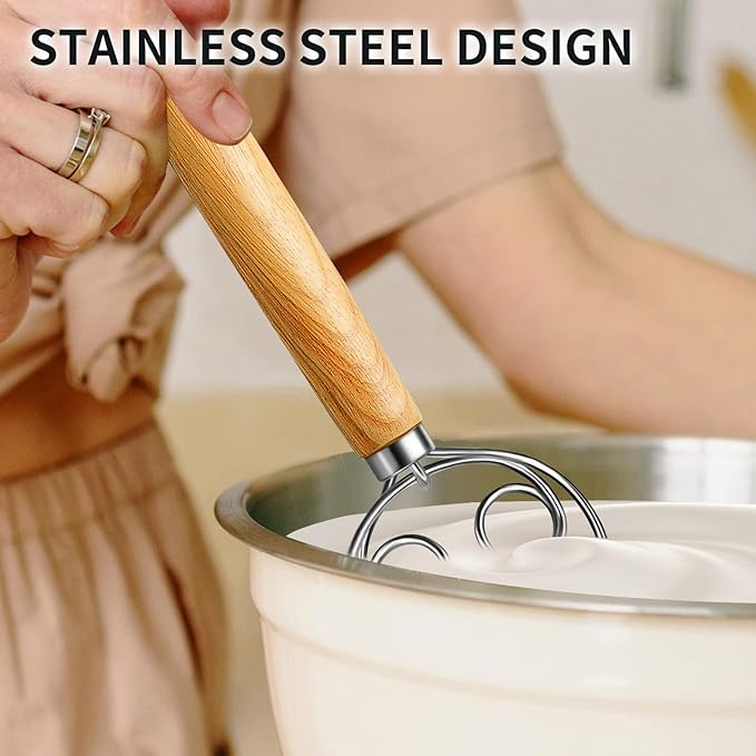 TEEVEA Danish Dough Whisk Stainless Steel Wooden Handle for Sourdough Bread