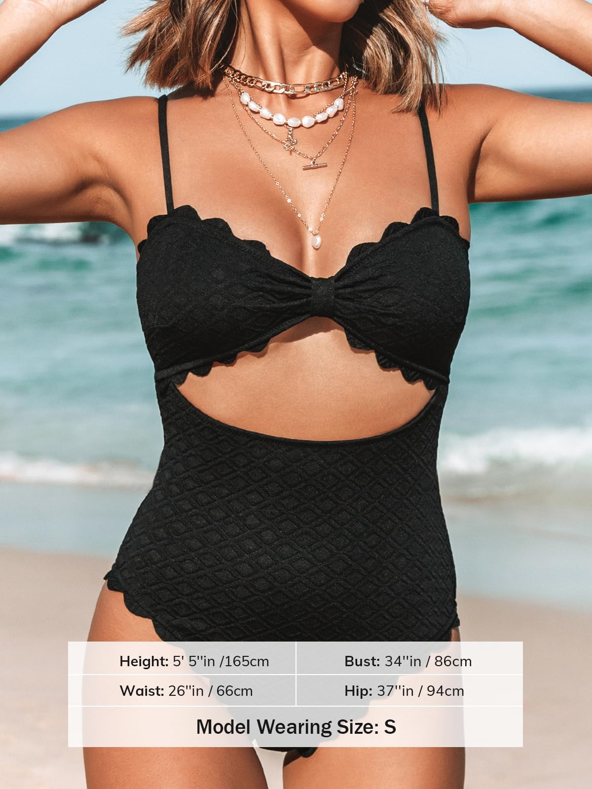 CUPSHE Women's One Piece Swimsuit Sexy Black Cutout Scallop Trim Bathing Suit, M