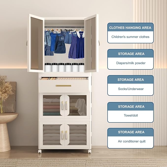 Portable Kids Wardrobe, Plastic Closet Organizer with Hanging Rod, Collapsible Wardrobe Closet Storage Cabinet for Bedroom, Easy to Install (White, Large)