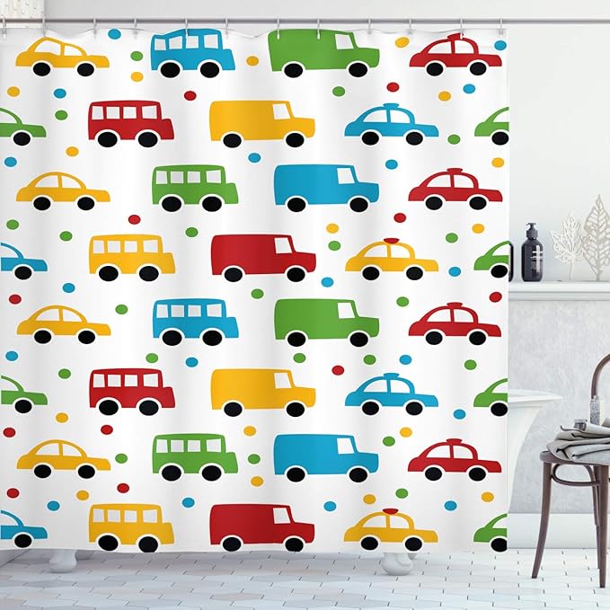 Ambesonne Cars Shower Curtain, Vivid Colored Silhouettes of Transportation Vehicles Bus Taxi Automobile Pattern, Cloth Fabric Bathroom Decor Set with Hooks, 69" W x 75" L, Orange Green Blue