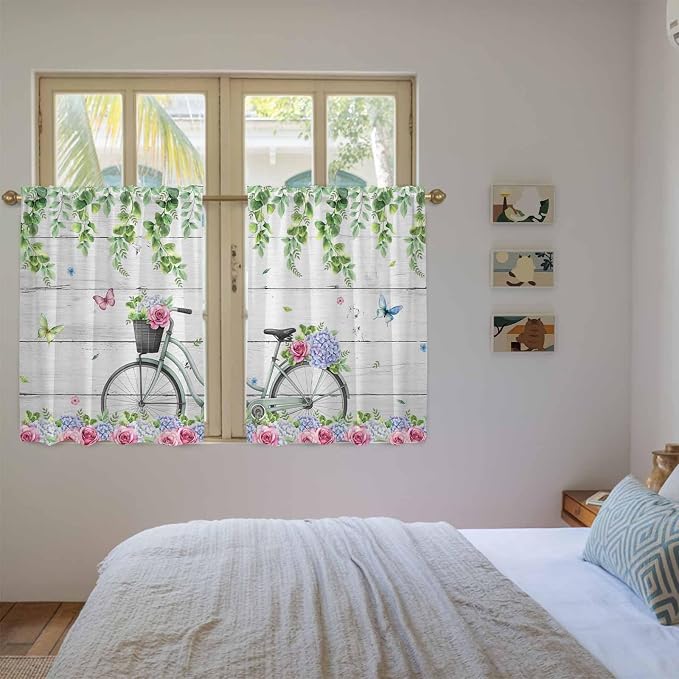 Spring Kitchen Curtains, Bicycles Botanical Rose Leaves Butterfly Wood Grain