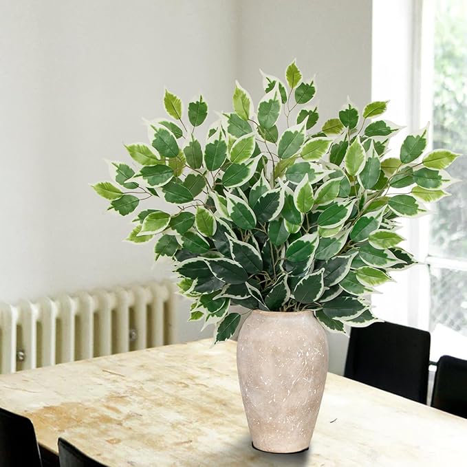 24PCS Ficus Leaves Artificial Branches - 24" Faux Ficus Greenery Tree Branches - Fake Leaves Sprays for DIY Arch Wedding Wall Decor - Green & White