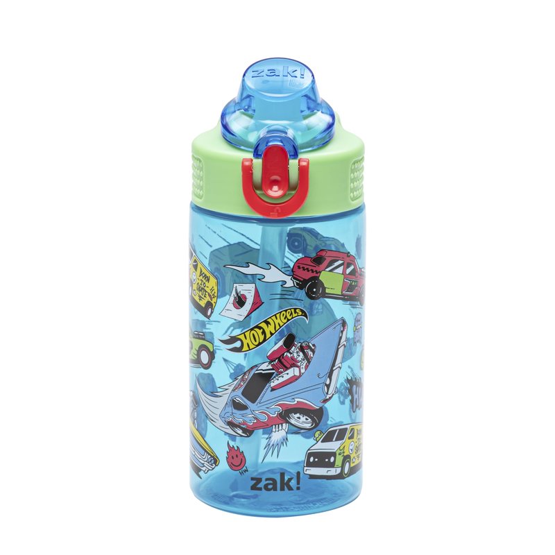 Zak Designs Mattel Hot Wheels Sage Kids Water Bottle For School or Travel, 16oz Durable Plastic Water Bottle With Straw, Handle, and Leak-Proof, Pop-Up Spout Cover (Hot Wheels)