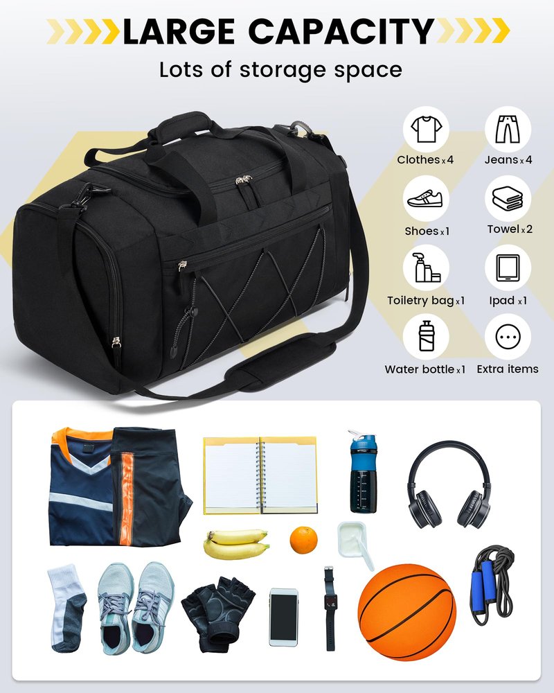 Vorspack Gym Bag for Men - 21 Inches Duffle Bag for Travel Water-resistant Travel Bag with Shoe Compartment Wet Pocket Duffel Bag for Gym Sports Travel Weekender Overnight - Black