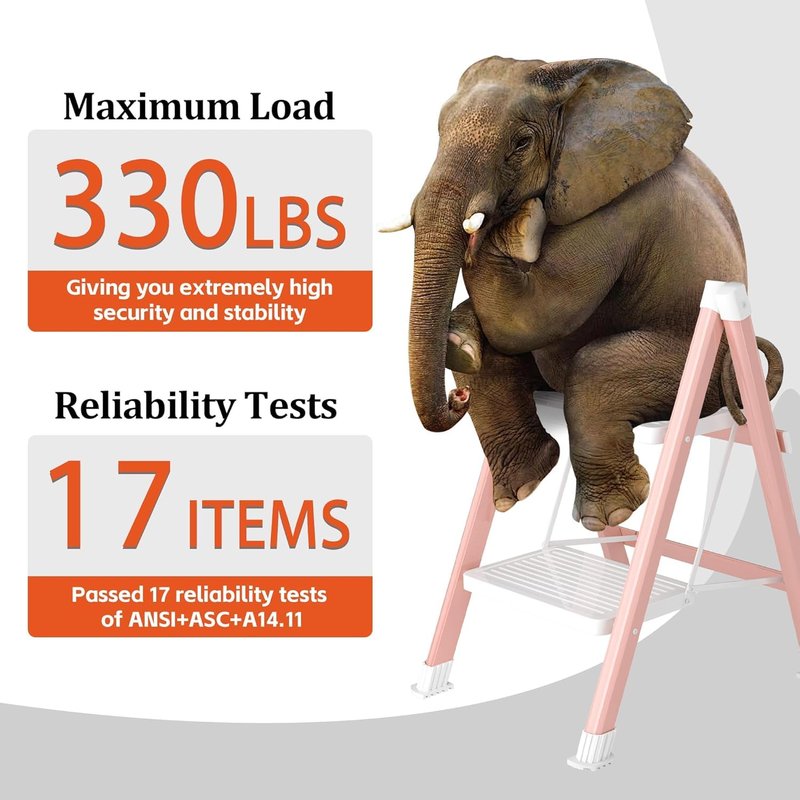 DIAMONDFORGE 2 Step Ladder, Folding Step Stool & Collapsible Stool for Kitchen, 330lbs Capacity with Wide Anti-Slip Pedal & Feet, Sturdy Steel Step Ladder for Home and Office, Pink & White