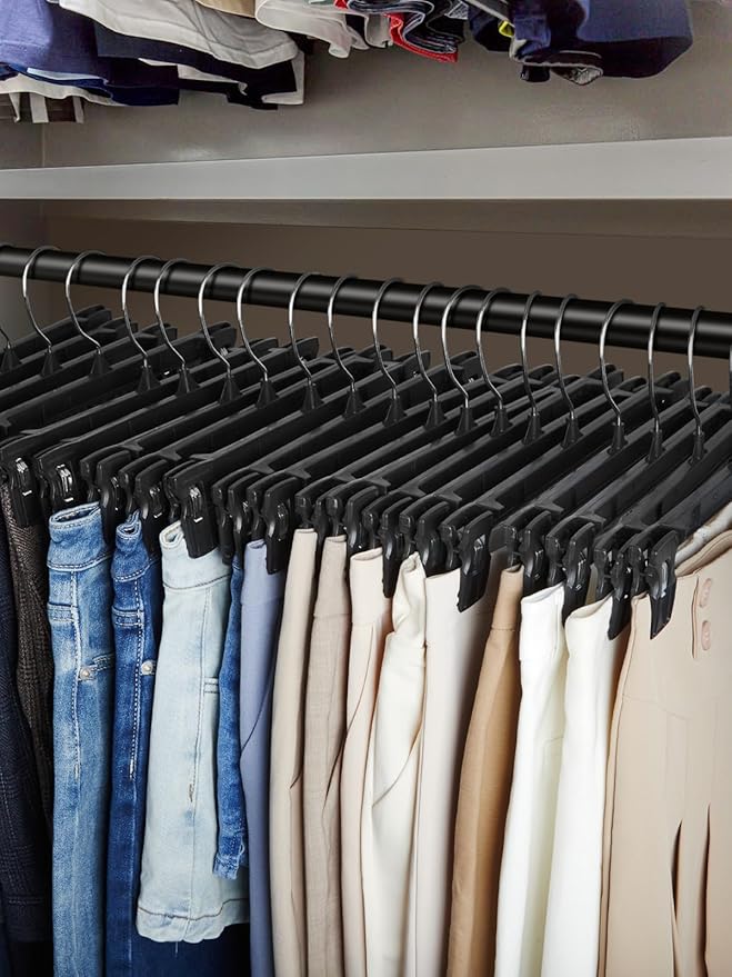 Smartor Space Saving Skirt Hangers - 150 Pack, Slim Plastic Pants and Shorts Hangers, Ridged Non-Slip with Pinch Clips, Black Clip Hanger for Women, 360-Rotating Chrome Swivel Hook, 10 Inches
