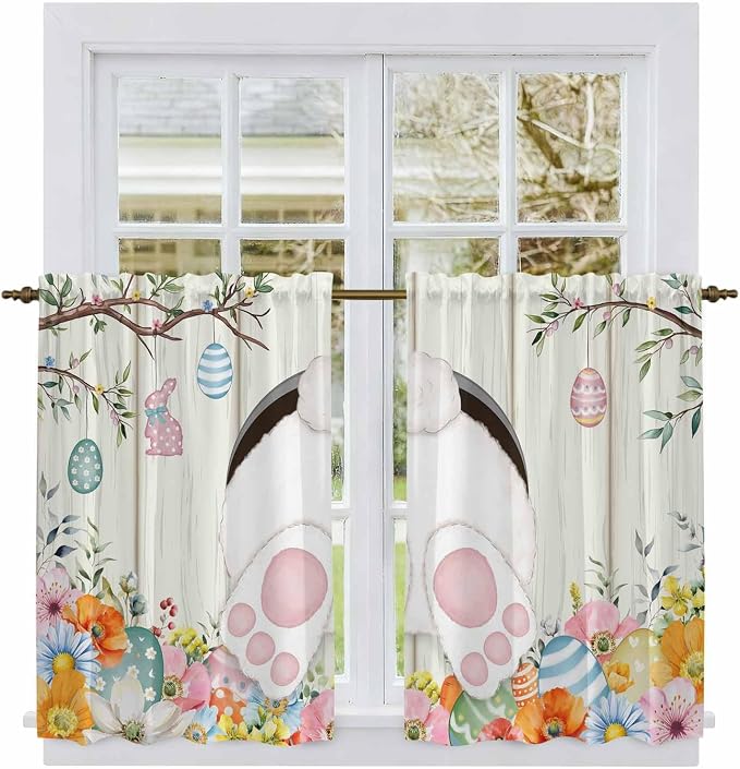 Easter Kitchen Tier Curtains 45 Inch Long 2 Panel Set, Rod Pocket Short Window