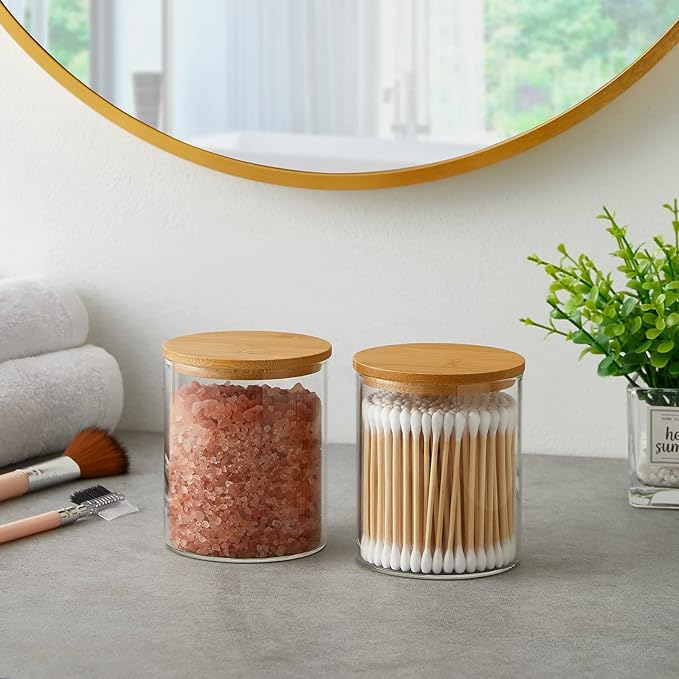 Glass Qtip Holder Dispenser with Bamboo Lid - 2 Pack Apothecary Jars - Cotton Balls Pads Swabs Holder Jar - Bathroom Vanity Canisters Jars for Countertop Storage and Organization
