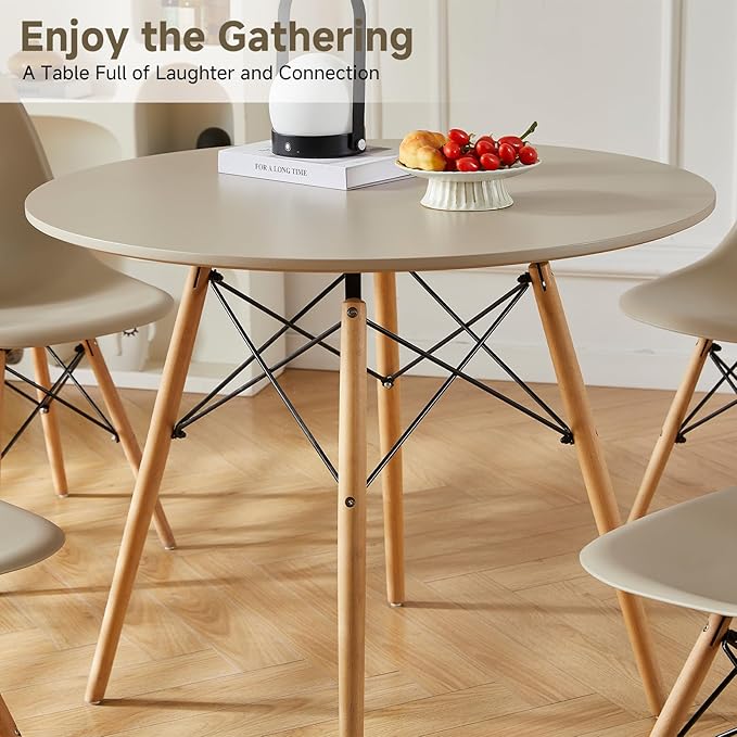 Round Dining Table Set for 4 31.5" Wood Dinner Table Circle Dining Table Kitchen Table Chairs Set of 4 with Wood Strip Base for Kitchen Living Room Space Saving Apartment(Beige)