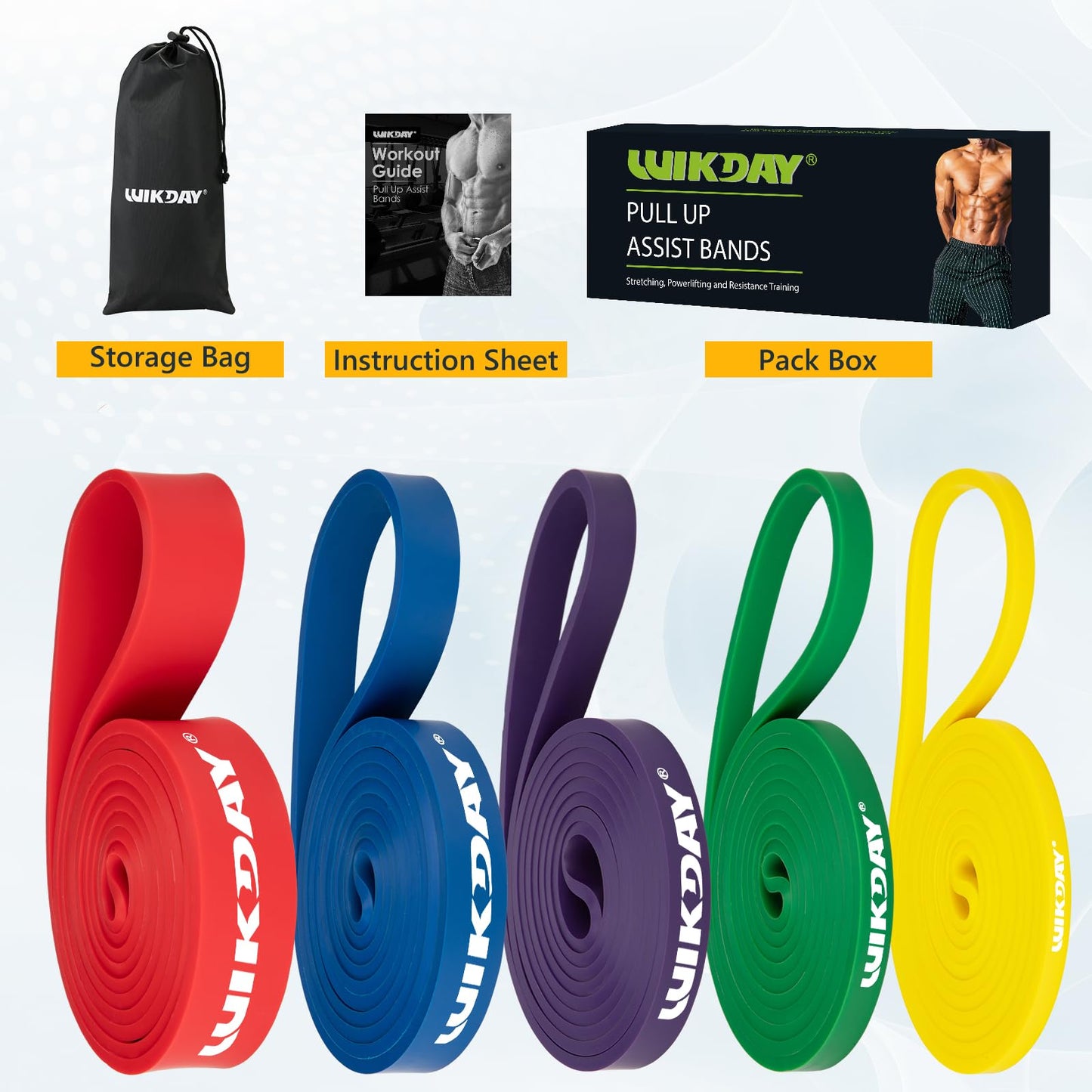 WIKDAY Resistance Bands for Working Out, Exercise Bands, Workout Bands, Pull Up Assistance Bands for Body Stretching Training Physical Therapy Muscle Training for Men & Women Multicolour (8-100lbs)