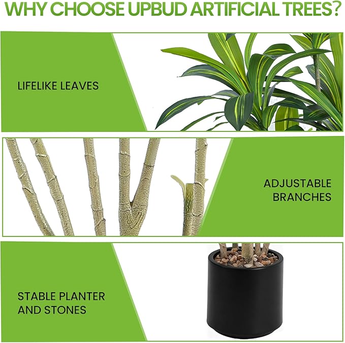Artificial Dracaena Tree 6FT Tall, Realistic Faux Indoor Floor Plant for Home & Office Decor, Black Round Planter with Decorative Stones – UPBUD