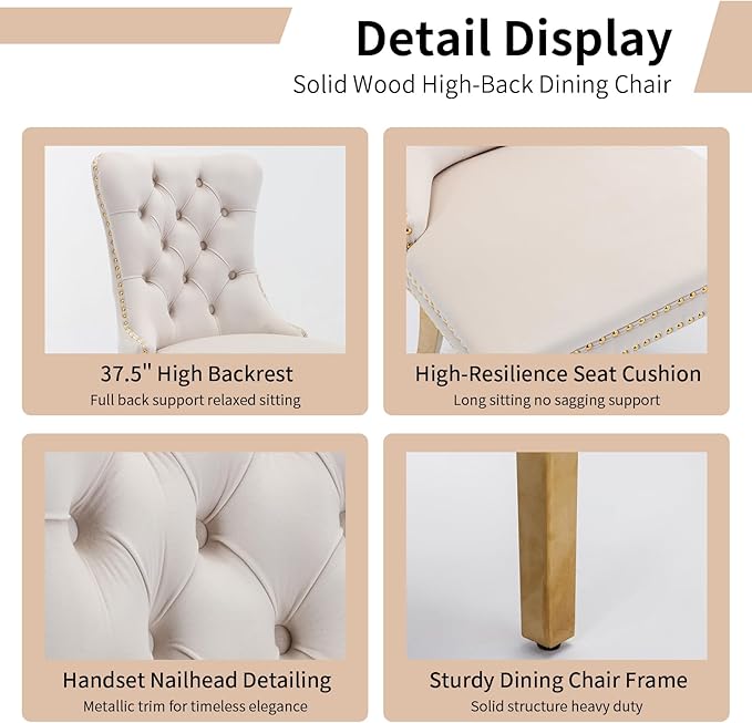 Luxury Upholstered Dining Chairs Set of 2, Beige Kitchen Chair with Golden Metal Legs, Velvet Tufted Back Dining Chair, Sillas de Comedor, Modern Kitchen & Dining Room Chairs (Beige, 2 Pcs)
