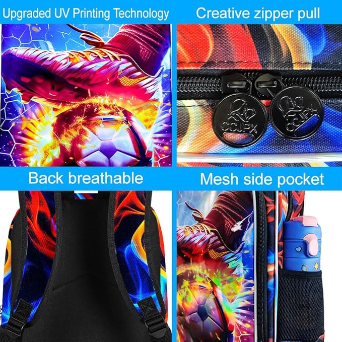 KLFVB 3PCS Boys Bookbag, 17" Kids Football Backpack and Lunch Box, Water Resistant Teenagers School Backpacks for Middle Elementary - Strike Fire Soccer