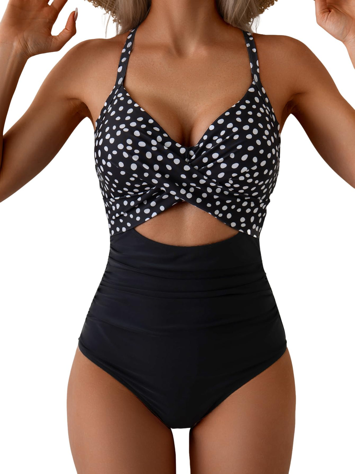 Eomenie Women's One Piece Swimsuits Tummy Control Cutout High Waisted Bathing Suit Wrap Tie Back 1 Piece Swimsuit Black and Green Leaf Print