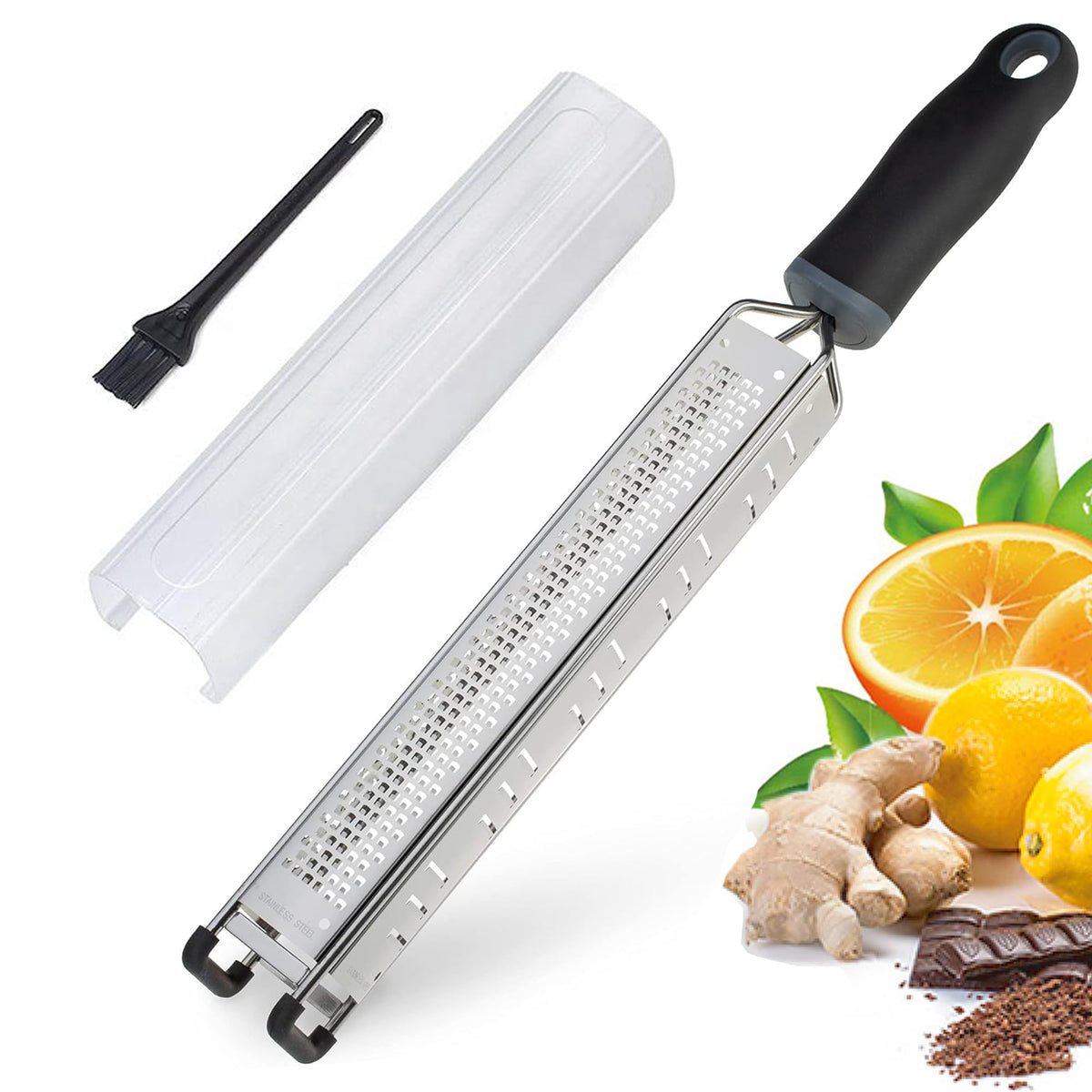 Wide Lemon Zester & Cheese Grater, 18/8 Stainless Steel with Cover, Black