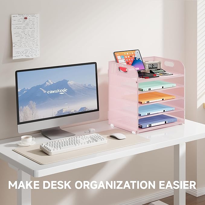 5 Tier Paper Organizer with Handle, Metal Mesh Desk Organizer File Folder Paper Letter Tray Desktop Document Sorter for Classroom, School, Office Accessories Organization and Storage - Pink