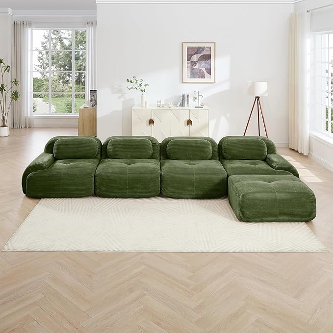 152" Modern Compressed Boneless Couch with Ottoman, 4 Seater Large L Shaped Sectional Couches for Living Room, Green Corduroy Cloud Modular Sectional Sofa, Memory Foam, Extra Deep, No Assembly