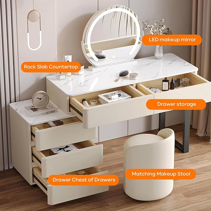 Solid Wood Vanity Desk, Modern Makeup Vanity with Drawers & Rock Slab Countertop and LED Light Mirror, Simple Dressing Table with Makeup Stool for Bedroom(Orange)