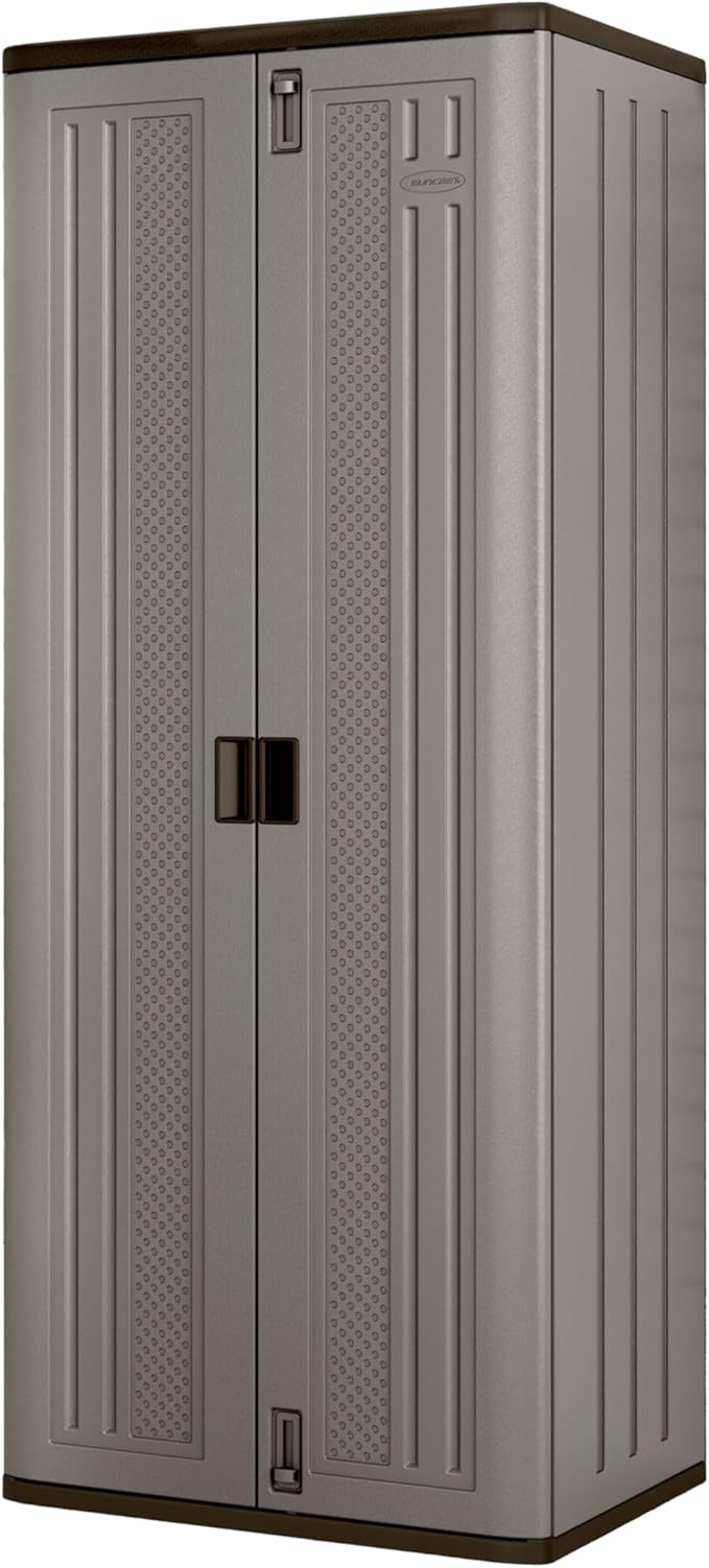 Suncast Tall Storage Cabinet, Platinum Resin Garage Storage Cabinet with Doors & Shelves, Plastic, Lockable, Freestanding Utility Closet for Tools & Supplies, Made in USA