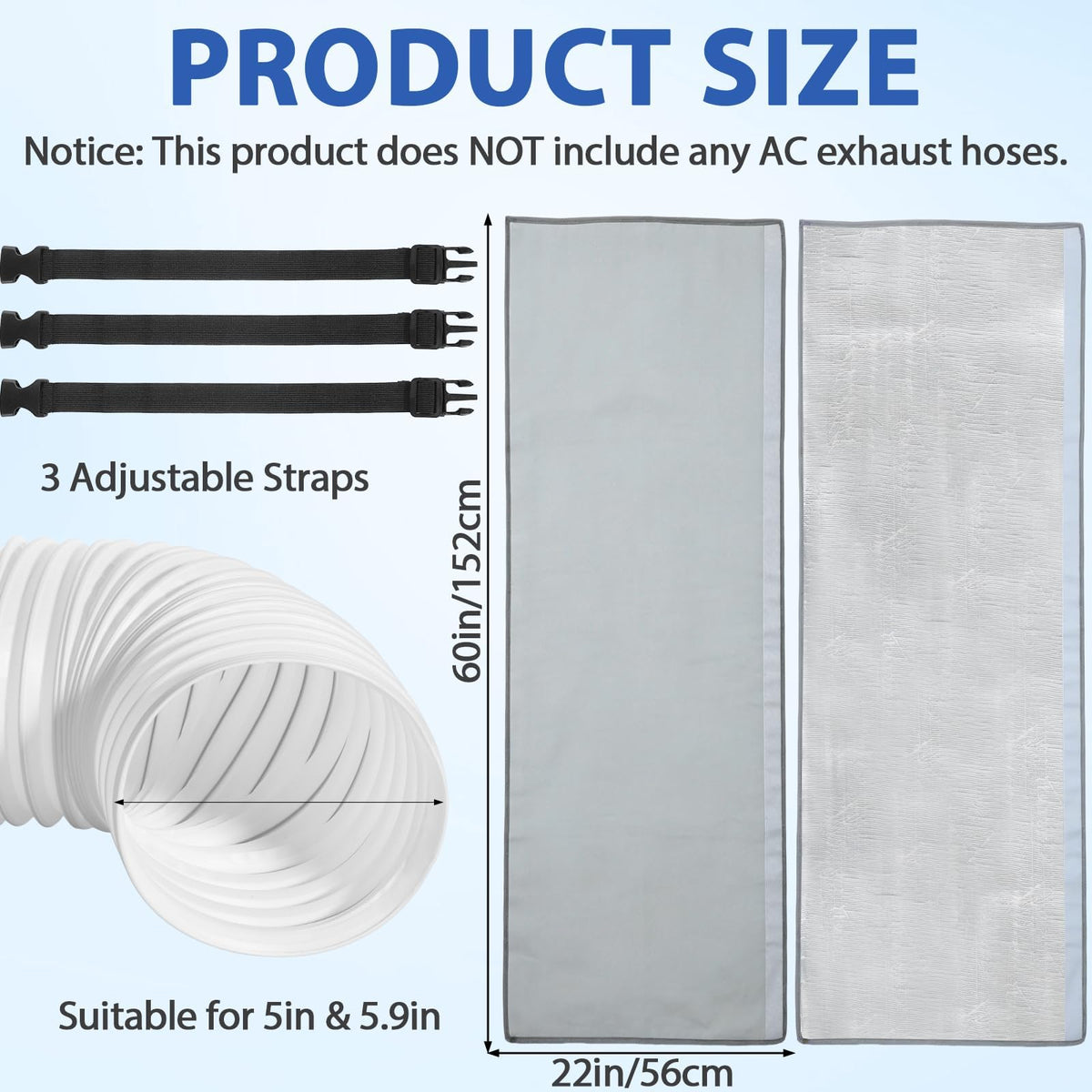 Conderyang Portable AC Hose Insulation Sleeve 60" × 22" Air Conditioner Hose Cover Wrap Fit 5" & 5.9" Diameter Triple Layer Insulation Flexible Duct Vent Cover with 3 Adjustable Buckle Bands, Gray
