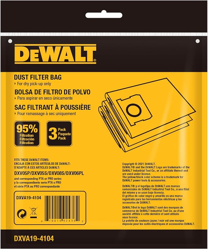 DEWALT DXVA19-4104 Dust Filter Bags, High Efficiency Replacement Bags
